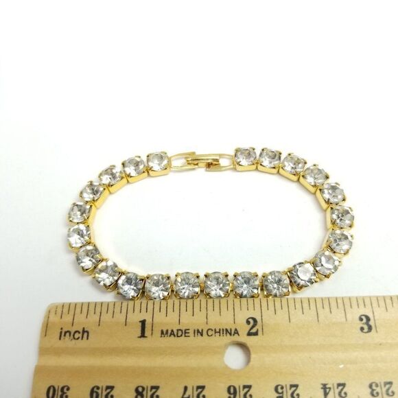 Vintage Rhinestone Bracelet, Gold Tone, Tennis Style, Sparkly Estate - Picture 4 of 5
